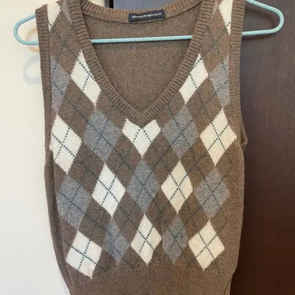 Brandy Melville Brown and Gray Argyle V-Neck Sweater